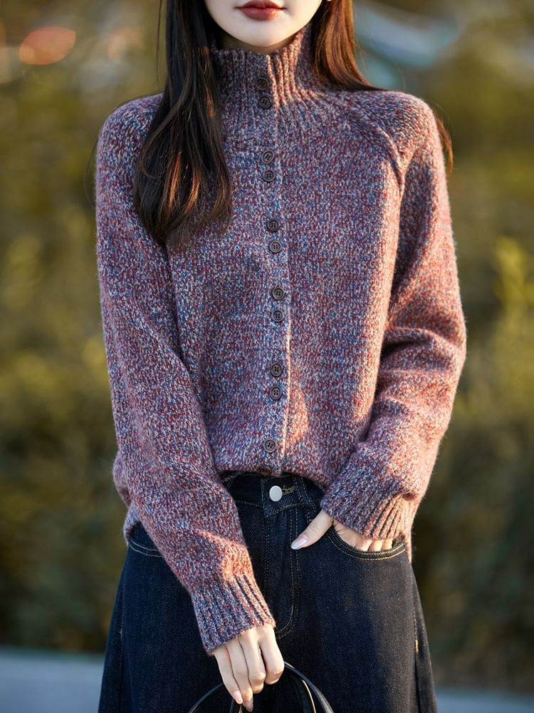 Stand Collar Melange Button-Up Cardigan