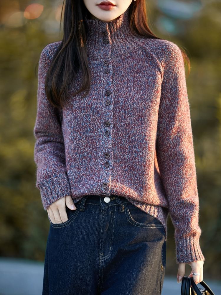 Stand Collar Melange Button-Up Cardigan