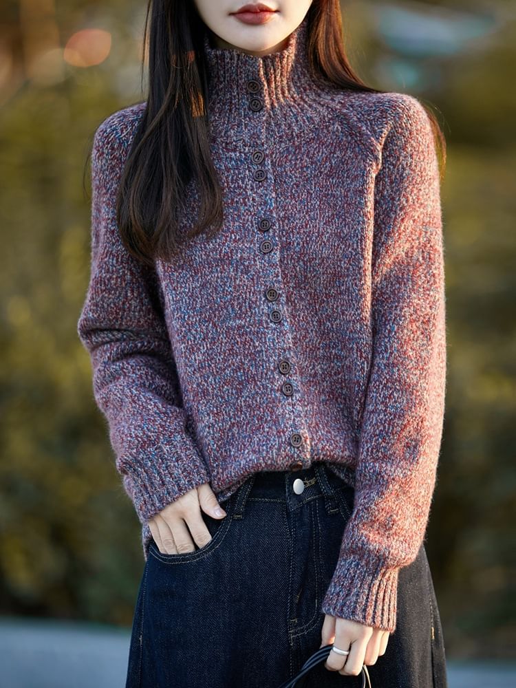Stand Collar Melange Button-Up Cardigan