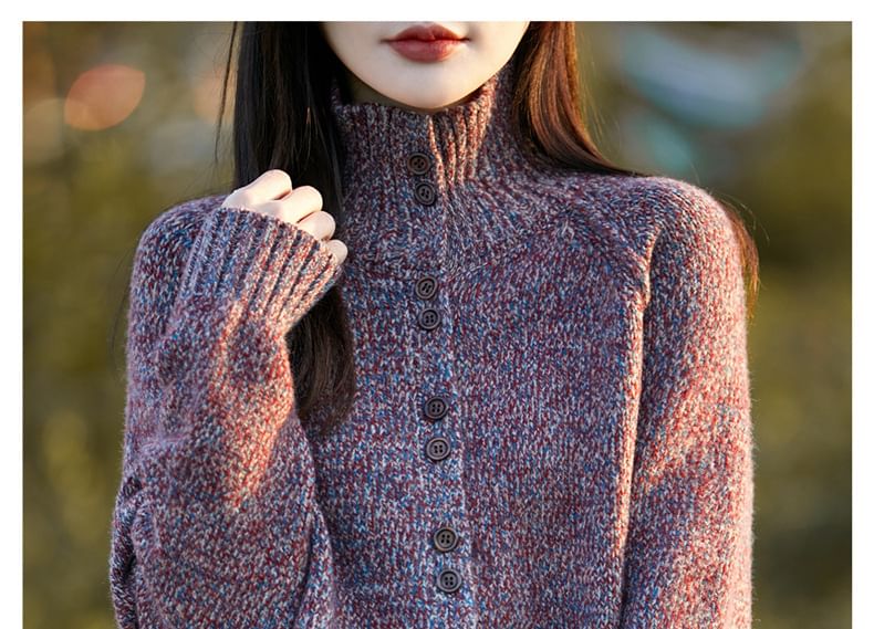 Stand Collar Melange Button-Up Cardigan