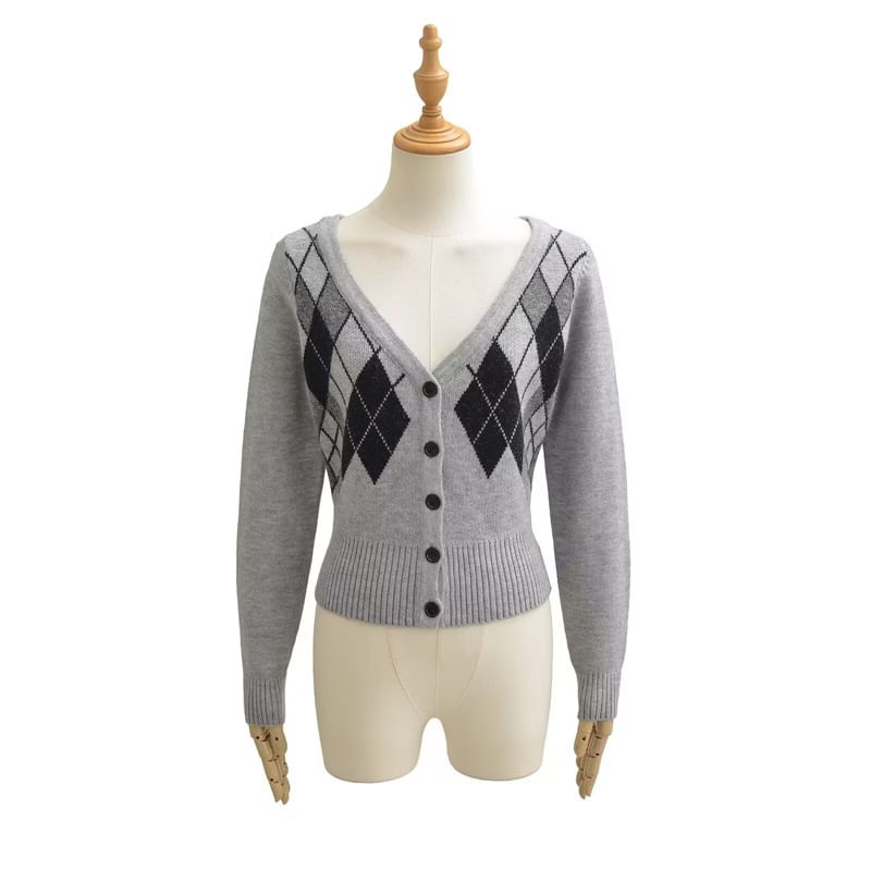 V-Neck Argyle Button Up Cardigan