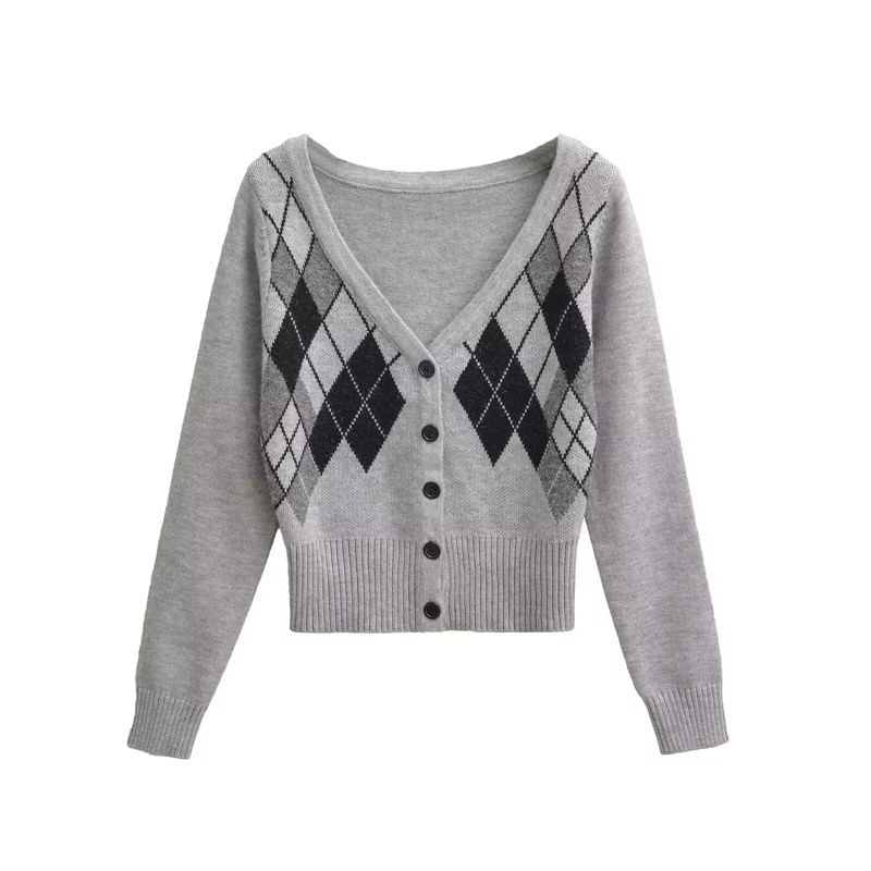 V-Neck Argyle Button Up Cardigan