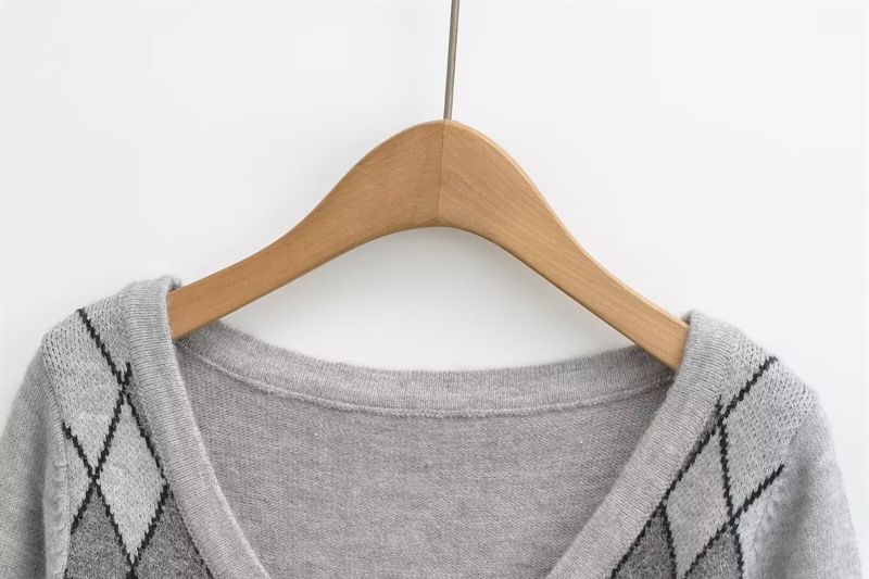 V-Neck Argyle Button Up Cardigan