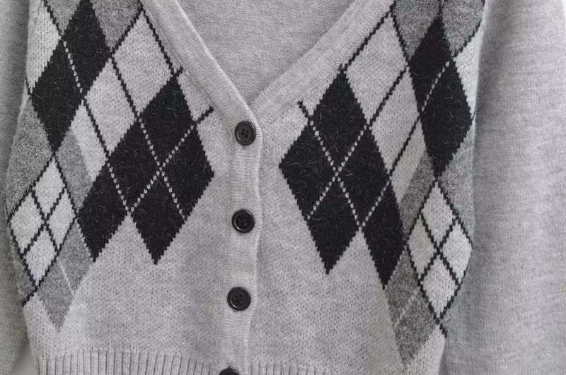 V-Neck Argyle Button Up Cardigan