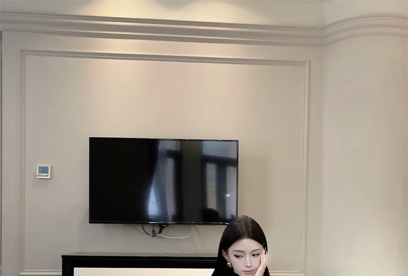 Long-Sleeve Mock Neck Plain Ruched Maxi A-Line Dress