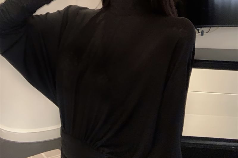 Long-Sleeve Mock Neck Plain Ruched Maxi A-Line Dress