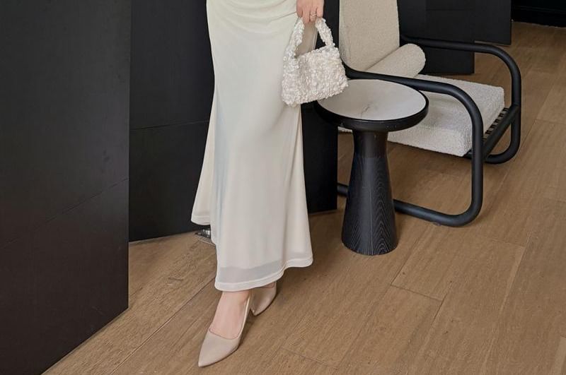 Set: Off-Shoulder Lace Panel Ruched Maxi Mermaid Dress + Brooch