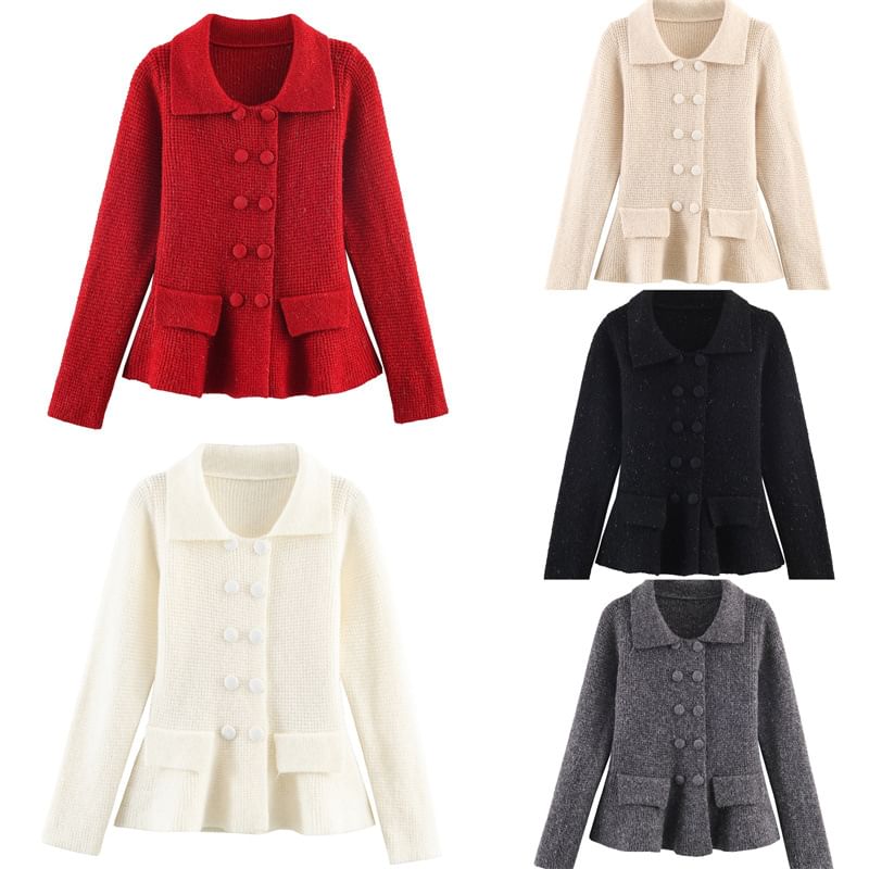 Collared Double-Breasted Plain Cardigan