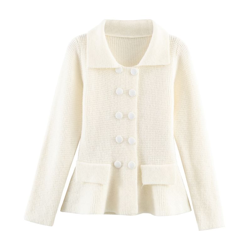 Collared Double-Breasted Plain Cardigan