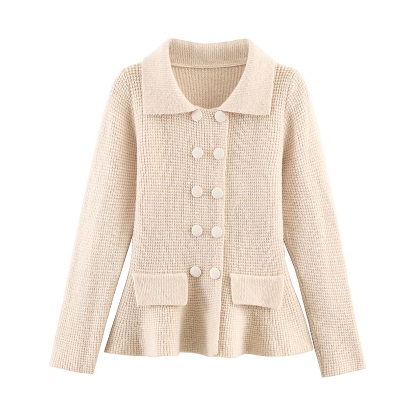 Collared Double-Breasted Plain Cardigan