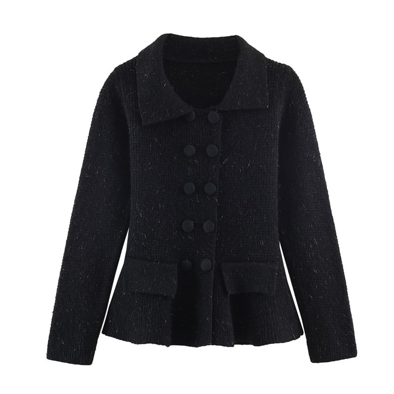 Collared Double-Breasted Plain Cardigan