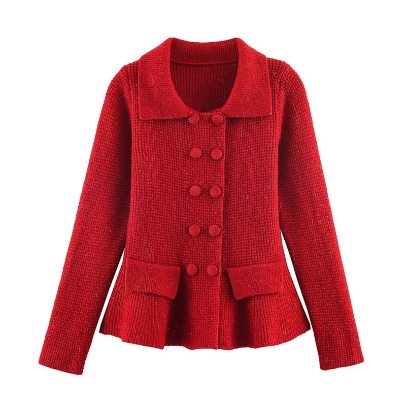 Collared Double-Breasted Plain Cardigan