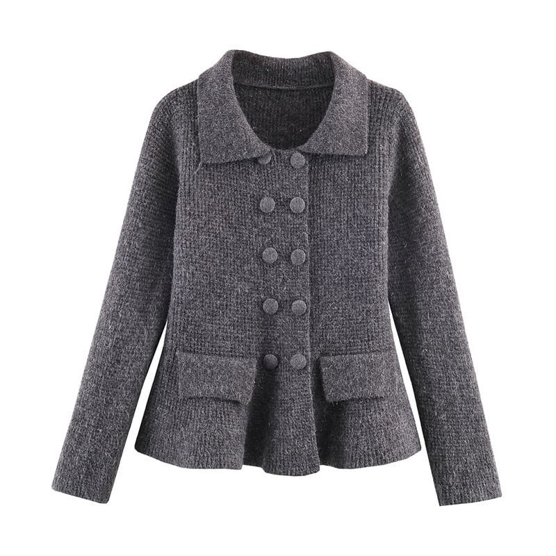 Collared Double-Breasted Plain Cardigan