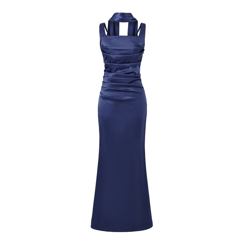 Set: Sleeveless Square Neck Plain Ruched Maxi Mermaid Dress + Scarf