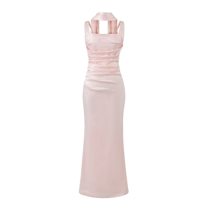 Set: Sleeveless Square Neck Plain Ruched Maxi Mermaid Dress + Scarf