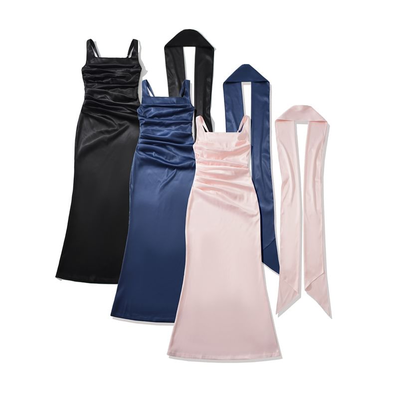 Set: Sleeveless Square Neck Plain Ruched Maxi Mermaid Dress + Scarf