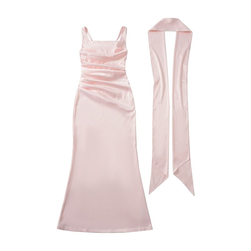Set: Sleeveless Square Neck Plain Ruched Maxi Mermaid Dress + Scarf