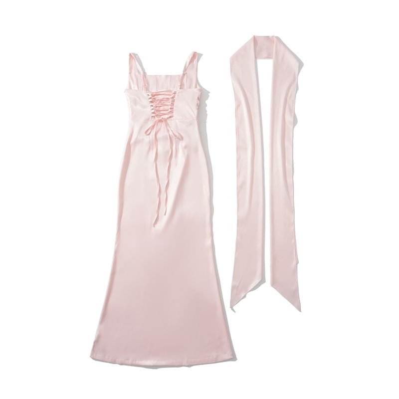 Set: Sleeveless Square Neck Plain Ruched Maxi Mermaid Dress + Scarf