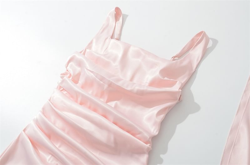 Set: Sleeveless Square Neck Plain Ruched Maxi Mermaid Dress + Scarf