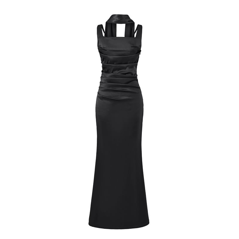 Set: Sleeveless Square Neck Plain Ruched Maxi Mermaid Dress + Scarf