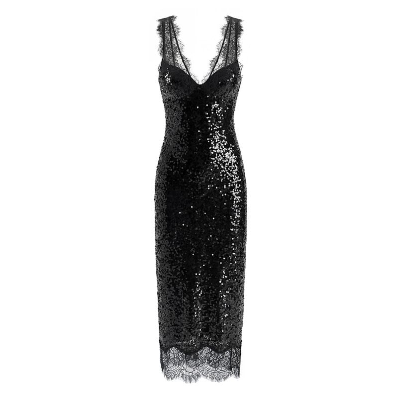 Sleeveless V-Neck Sequin Lace Panel Slit Maxi Sheath Dress