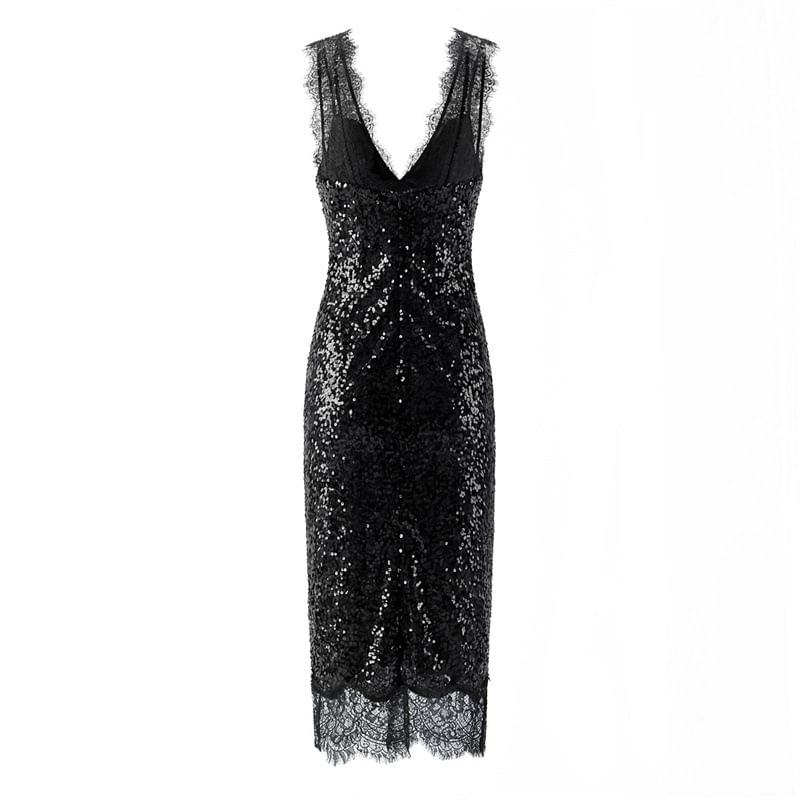 Sleeveless V-Neck Sequin Lace Panel Slit Maxi Sheath Dress