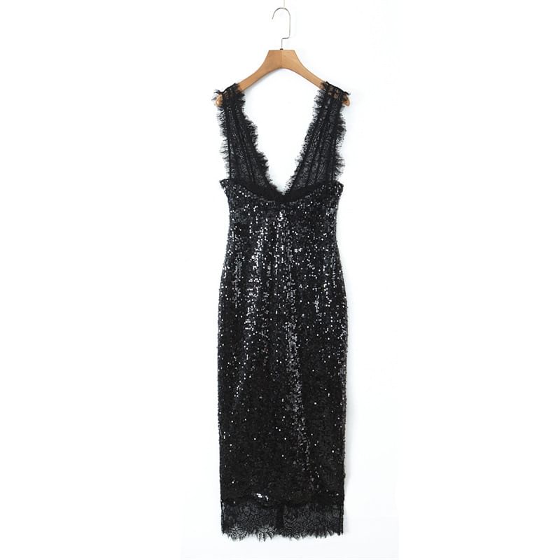Sleeveless V-Neck Sequin Lace Panel Slit Maxi Sheath Dress