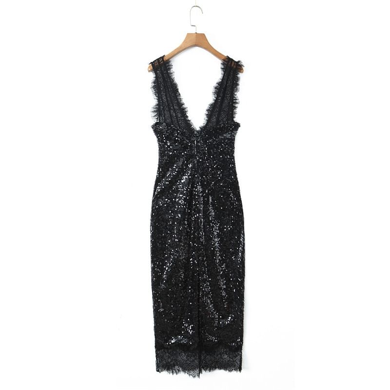 Sleeveless V-Neck Sequin Lace Panel Slit Maxi Sheath Dress