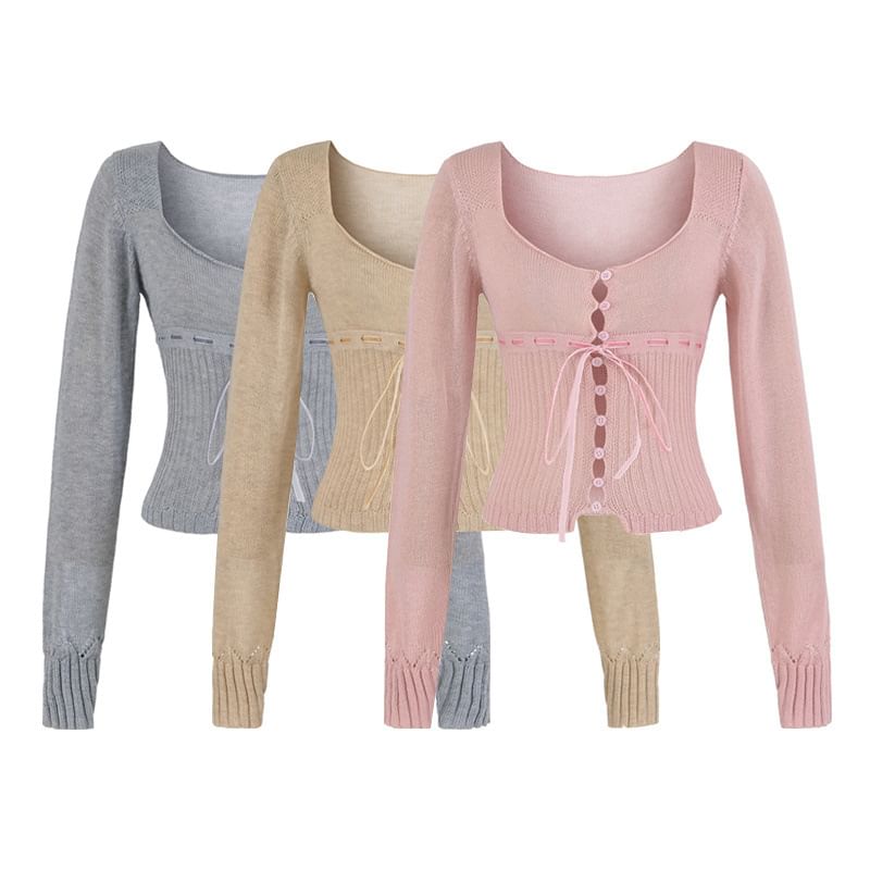 Square Neck Tie Front Button-Up Plain Crop Cardigan
