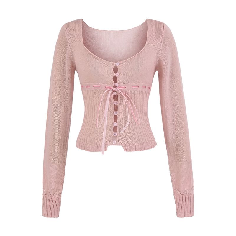 Square Neck Tie Front Button-Up Plain Crop Cardigan