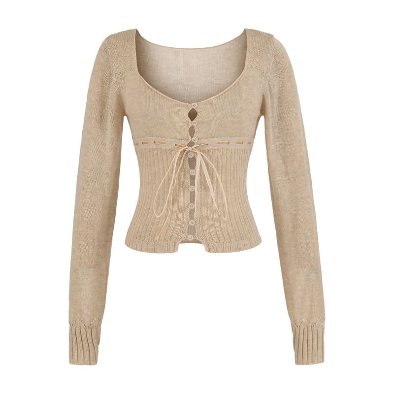 Square Neck Tie Front Button-Up Plain Crop Cardigan
