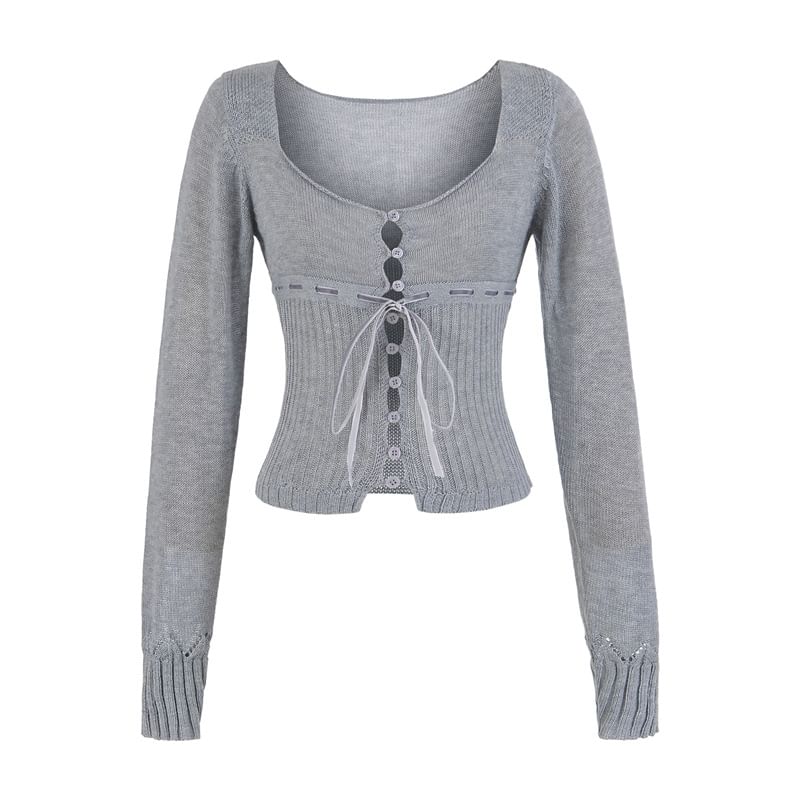 Square Neck Tie Front Button-Up Plain Crop Cardigan