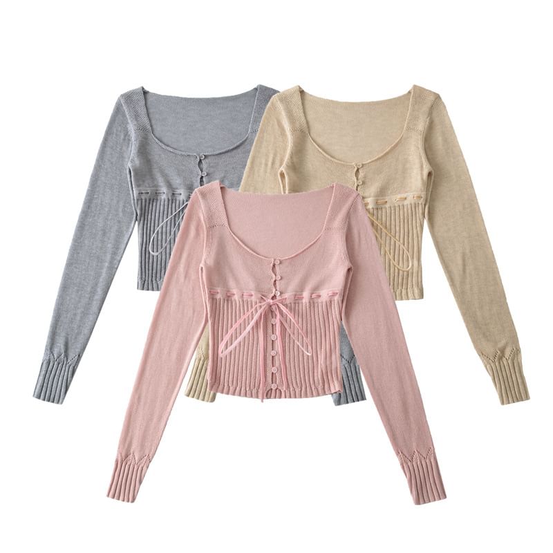 Square Neck Tie Front Button-Up Plain Crop Cardigan