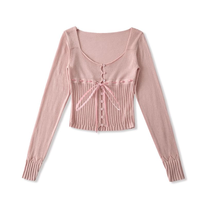 Square Neck Tie Front Button-Up Plain Crop Cardigan