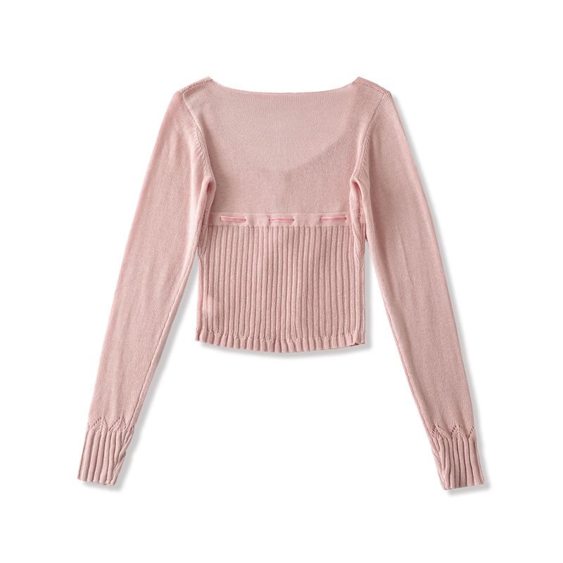 Square Neck Tie Front Button-Up Plain Crop Cardigan