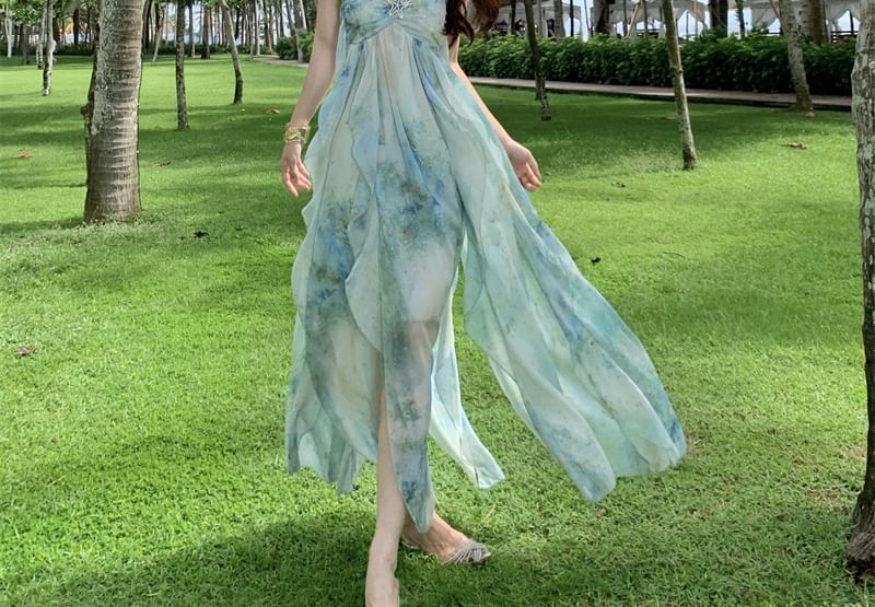 Strapless Tie Dye Asymmetrical Open Back Slit Maxi A-Line Dress