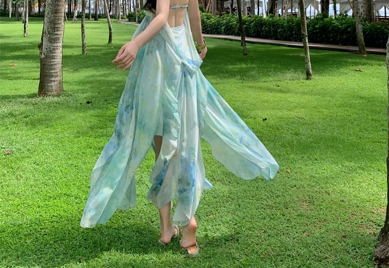 Strapless Tie Dye Asymmetrical Open Back Slit Maxi A-Line Dress