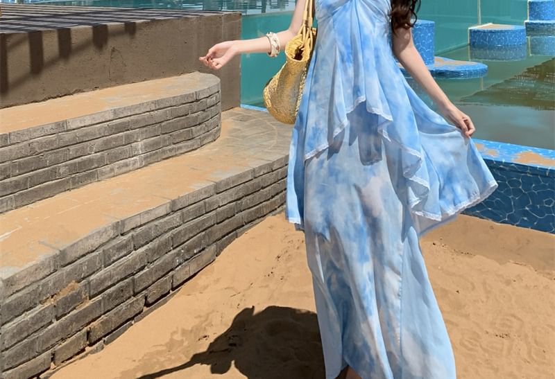 Halter Neck Tie Dye Lace Trim Open Back Maxi A-Line Dress