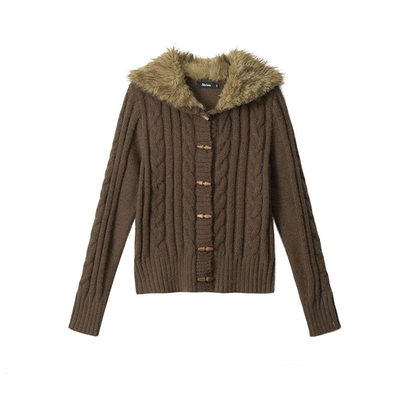 Fluffy Panel Hooded Toggle Cable Knit Cardigan