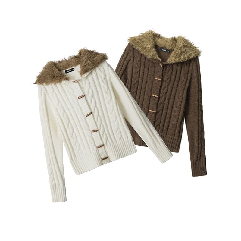 Fluffy Panel Hooded Toggle Cable Knit Cardigan