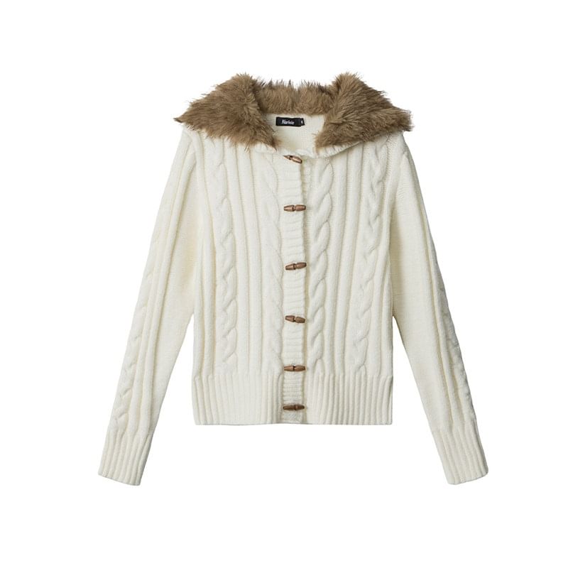 Fluffy Panel Hooded Toggle Cable Knit Cardigan