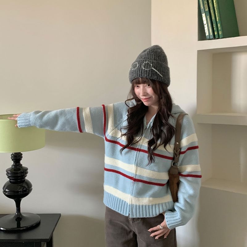 Hooded Drop Shoulder Striped Zip Cardigan