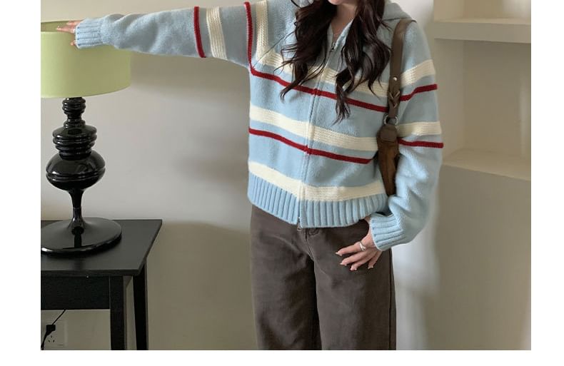 Hooded Drop Shoulder Striped Zip Cardigan