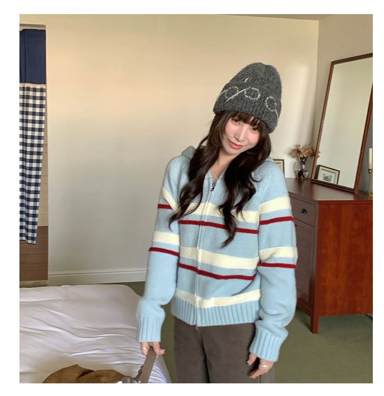 Hooded Drop Shoulder Striped Zip Cardigan