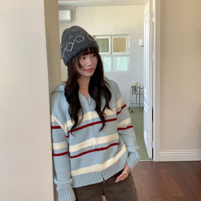 Hooded Drop Shoulder Striped Zip Cardigan