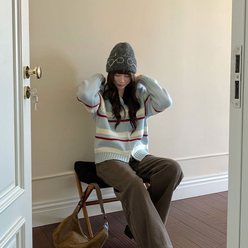 Hooded Drop Shoulder Striped Zip Cardigan