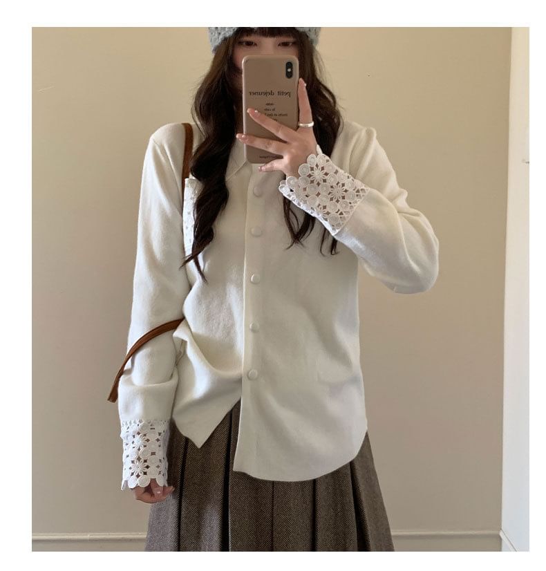 Collared Plain Lace Trim Button Up Cardigan