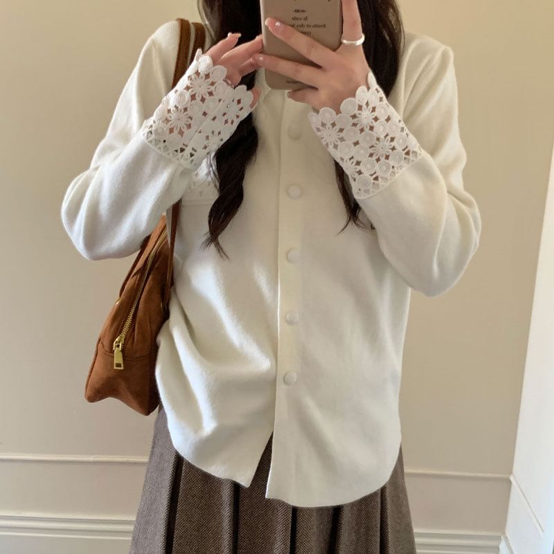 Collared Plain Lace Trim Button Up Cardigan