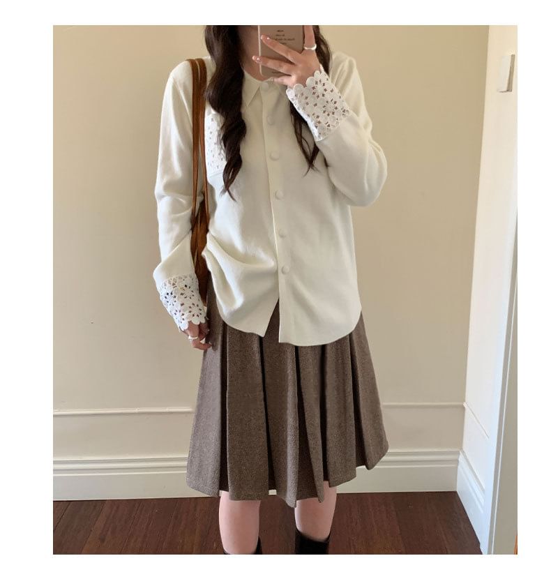 Collared Plain Lace Trim Button Up Cardigan