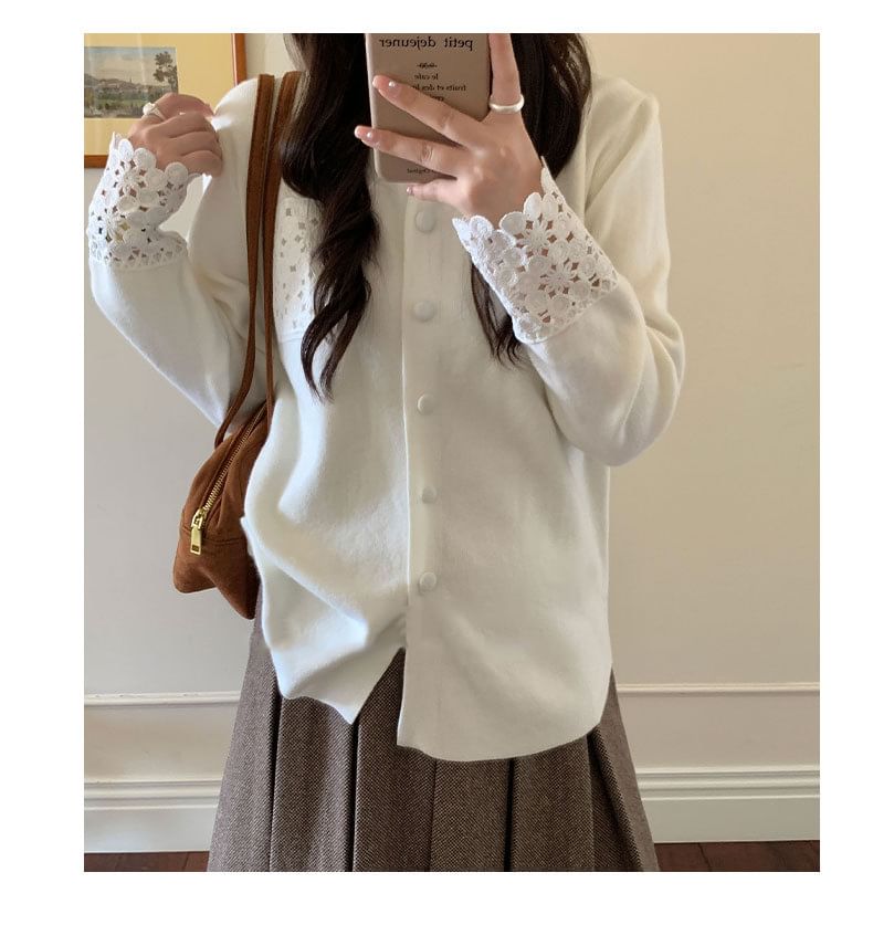 Collared Plain Lace Trim Button Up Cardigan